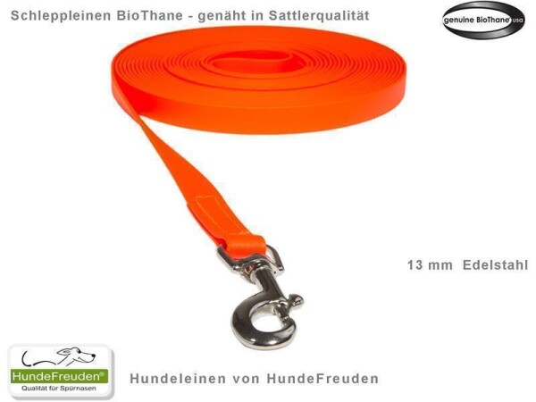 Biothane® Schleppleine 10m genäht 13mm orange Edelstahl