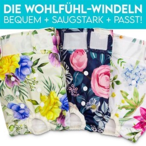 HUND IST KÖNIG® 3x saugstarke Hundewindeln für Hündinnen mit Blumen - XL